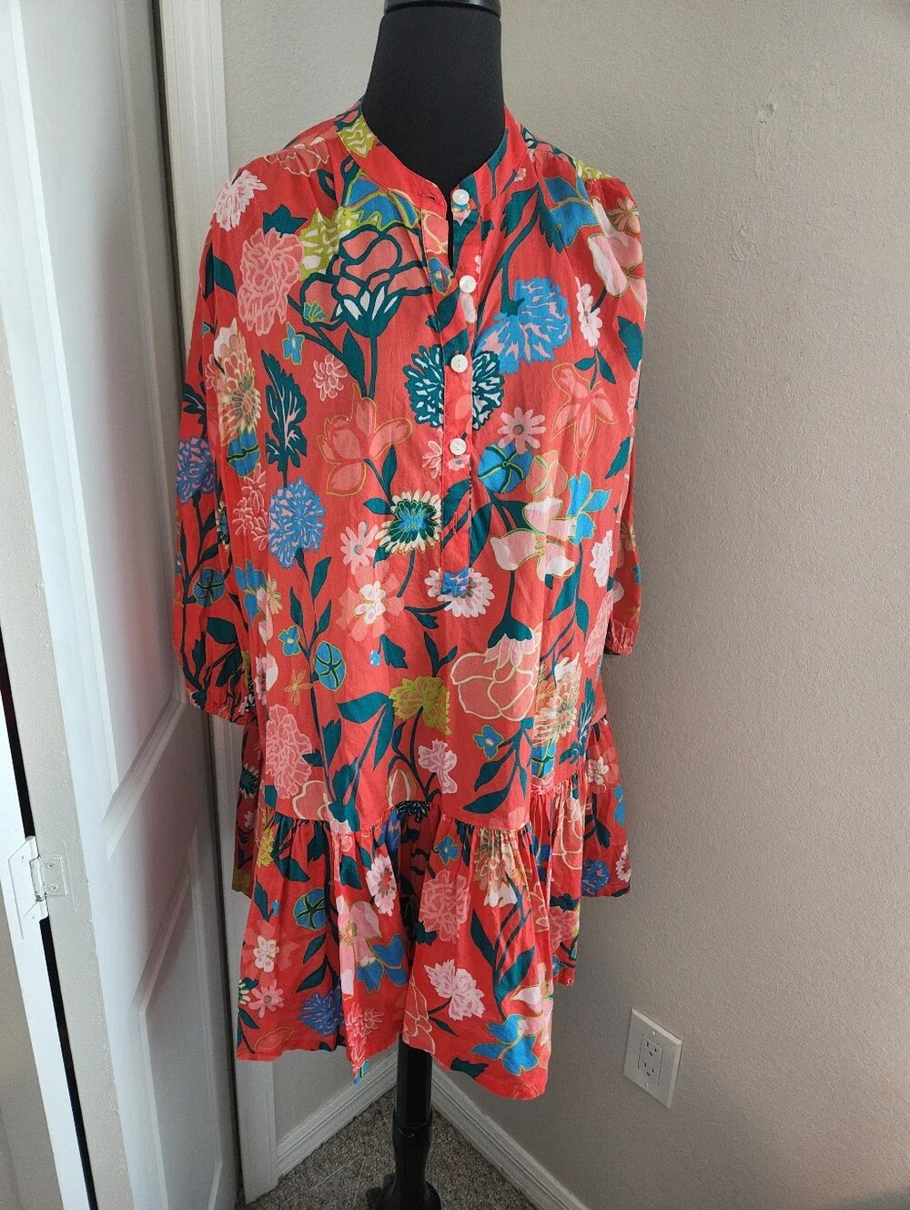 J. Crew Coral Floral Button-Front Tiered Mini Dress